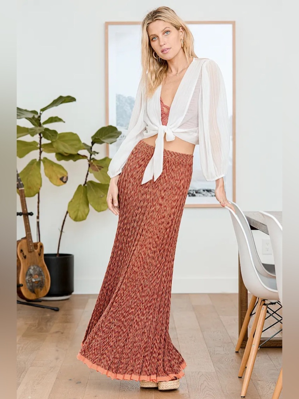Free People Gold Coast knit maxi skirt in ambered coral size small